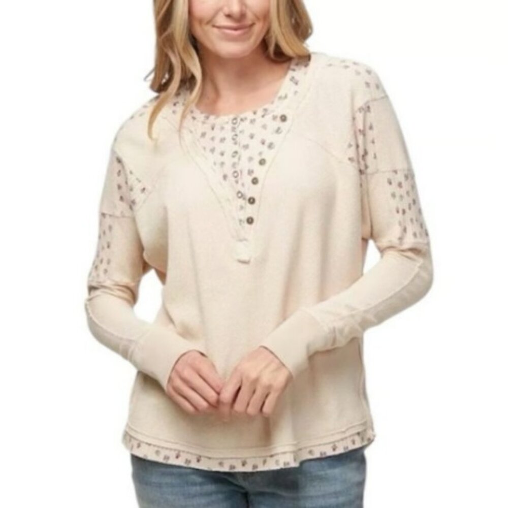 Free People Long Sleeve Ditsy Floral Henley Top Textured